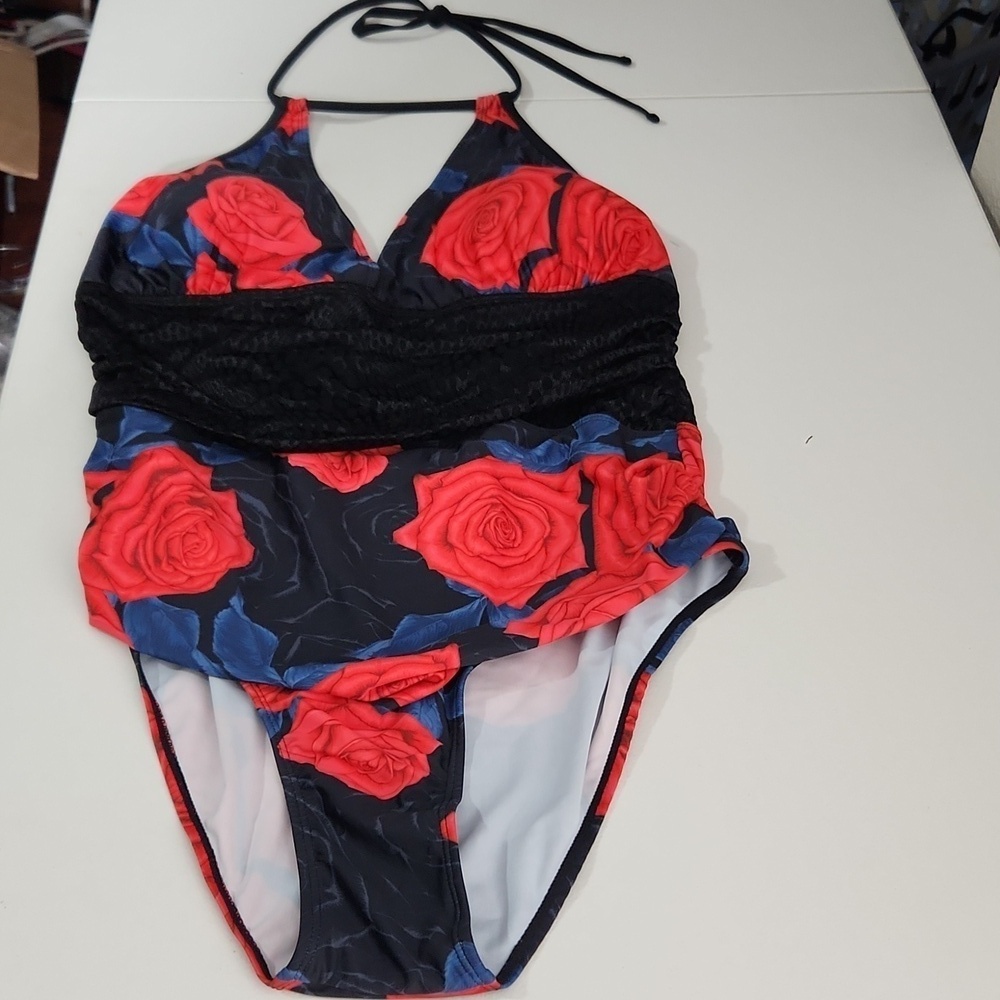 Rose Swimsuit Womens XXL Juniors Floral Black Red One Piece